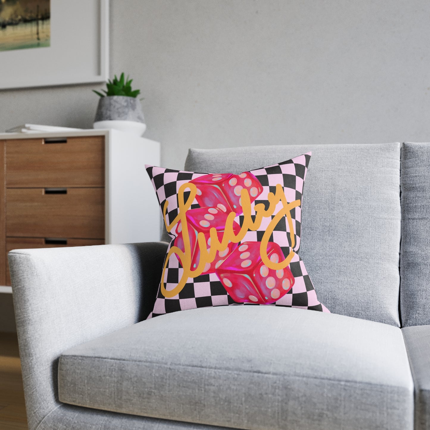 Lucky Roll Square Throw Pillow | Pink Suede Back