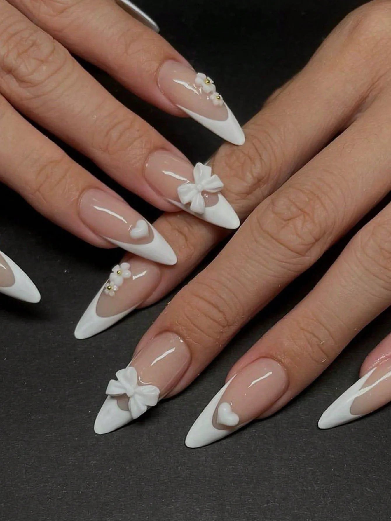 24PCS- Coffin nail plate, 3D 3D pink bow, pink flower pattern decoration, rhinestone setting, suitable for fashionable girls