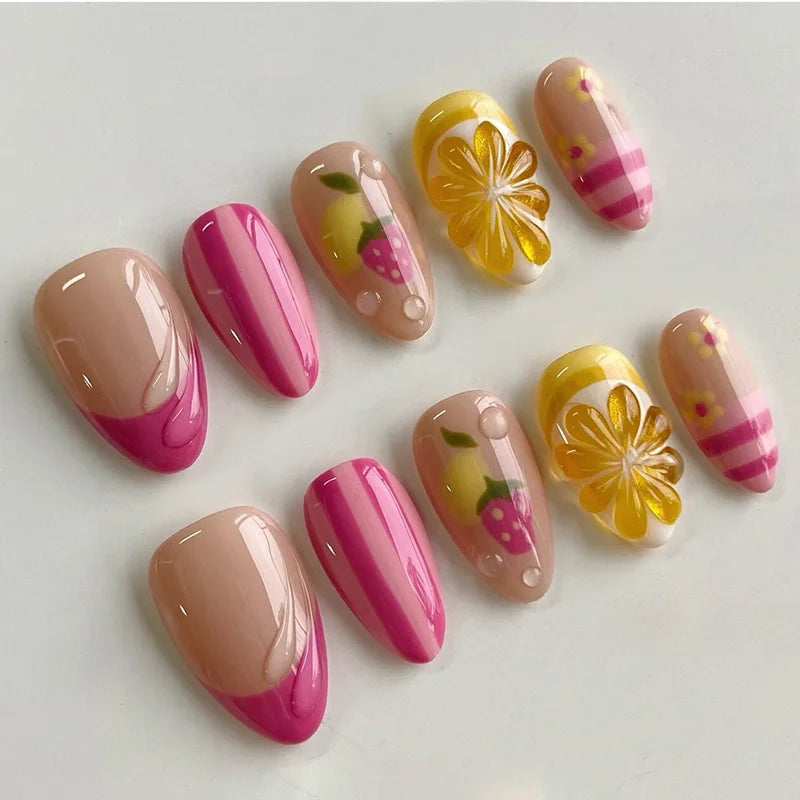 24pcs Ins 3D Bowknots Press On Nails Sweet Strawberry Pink Plaid Almond False Nails With Heart Shape Pearl Decor Fake Nail Tips