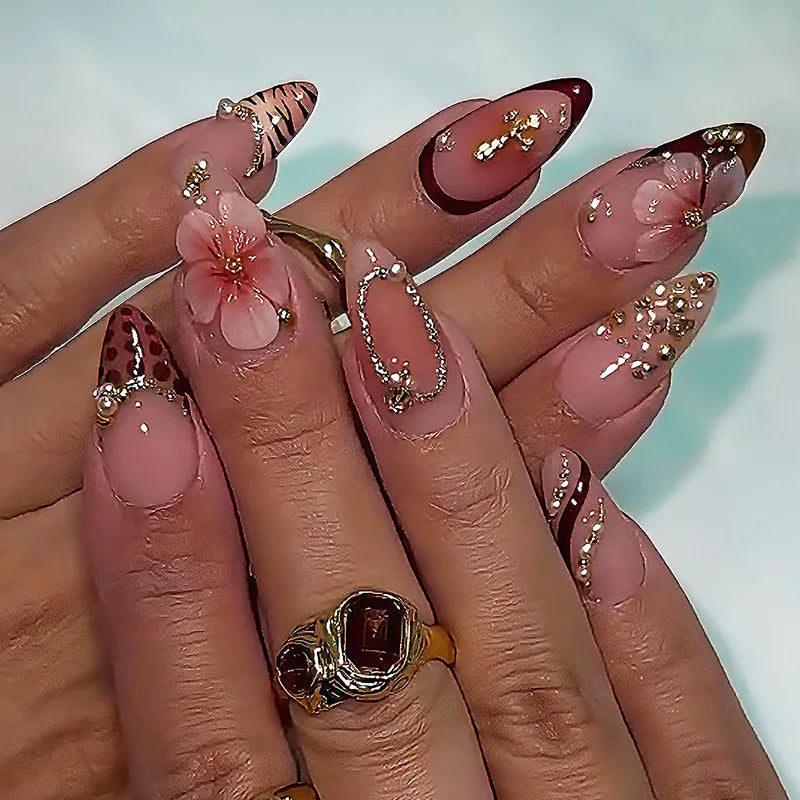 French gold press-on nails 3d almond shaped manicure