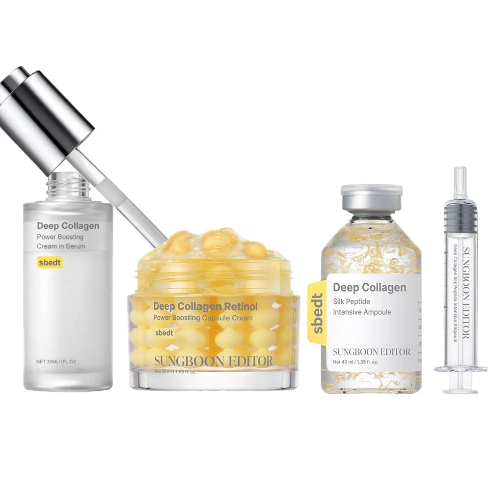 Korean Deep Collagen Skin Care - Silk Peptide Ampoule, Boosting Serum, Retinol Capsule Cream, Fade Fine Lines, Brightening
