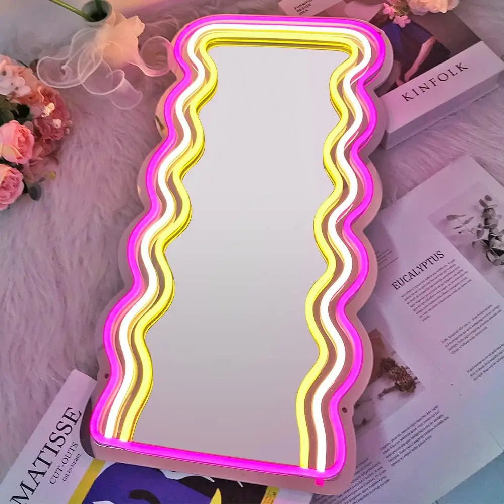 Neon Wall Sign Dimmable Wavy Mirror Neon Lights for Bar Bedroom Home Bathroom Decor Aesthetics Draw Birthday Gifts for Girls