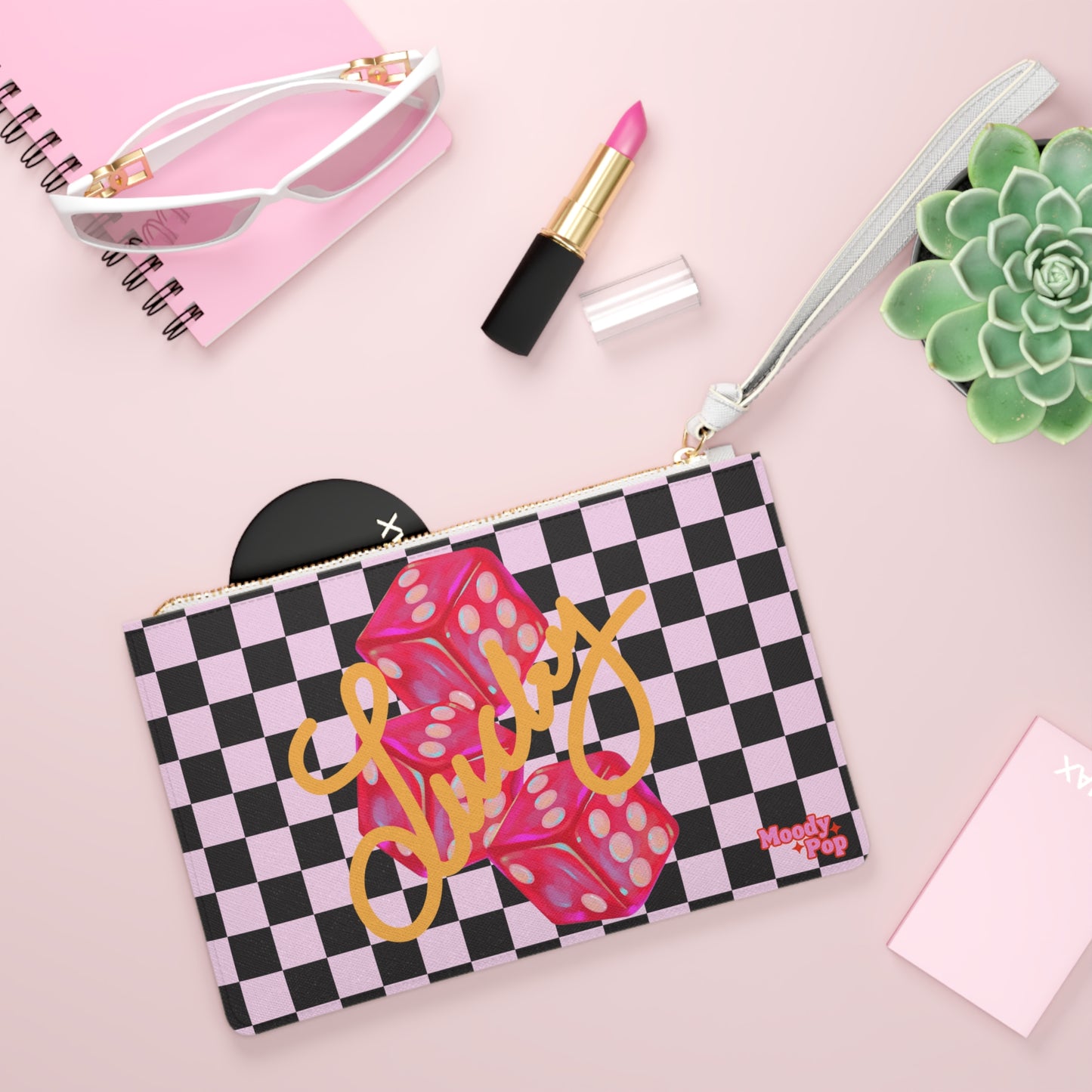 Checkerboard Clutch Bag | Pink & Black Retro Wristlet | W/ Custom Personalization Options