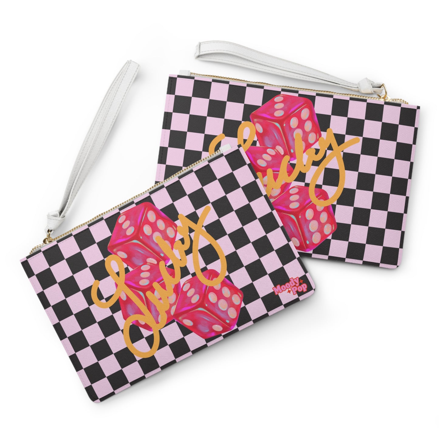 Checkerboard Clutch Bag | Pink & Black Retro Wristlet | W/ Custom Personalization Options
