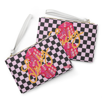 Checkerboard Clutch Bag | Pink & Black Retro Wristlet | W/ Custom Personalization Options