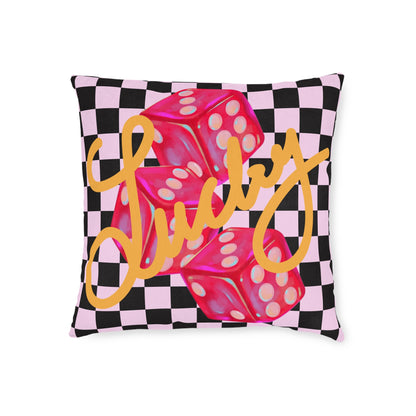 Lucky Roll Square Throw Pillow | Pink Suede Back