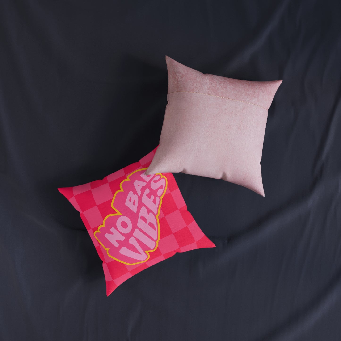 No Bad Vibes Retro Accent Pillow | Hot Pink Checkerboard Pillow | Pink Suede Back
