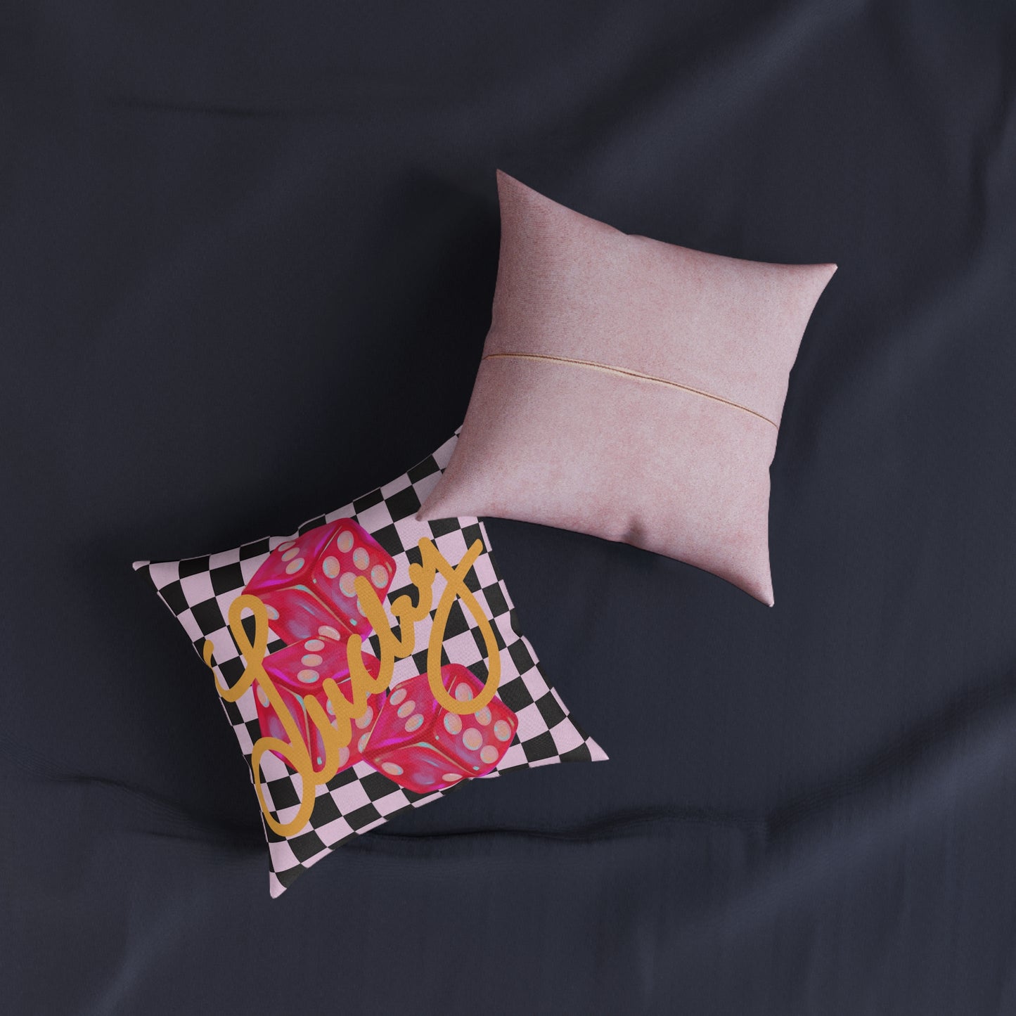 Lucky Roll Square Throw Pillow | Pink Suede Back