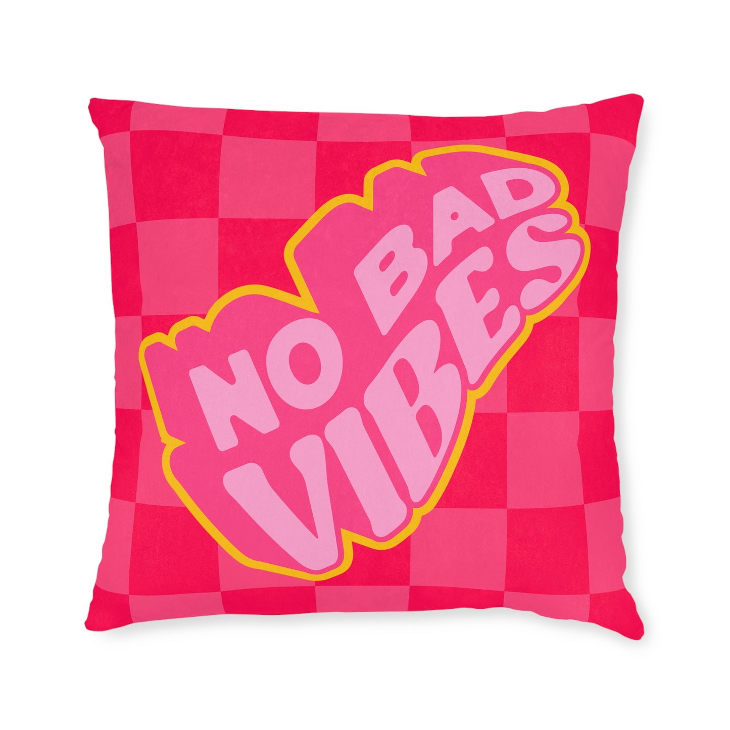 No Bad Vibes Retro Accent Pillow | Hot Pink Checkerboard Pillow | Pink Suede Back