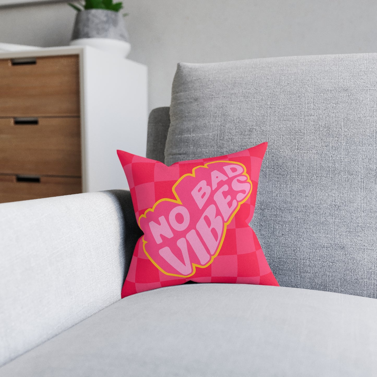 No Bad Vibes Retro Accent Pillow | Hot Pink Checkerboard Pillow | Pink Suede Back