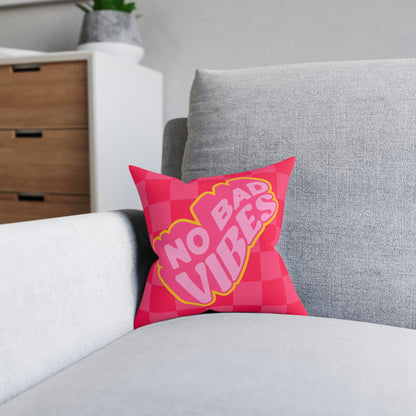 No Bad Vibes Retro Accent Pillow | Hot Pink Checkerboard Pillow | Pink Suede Back