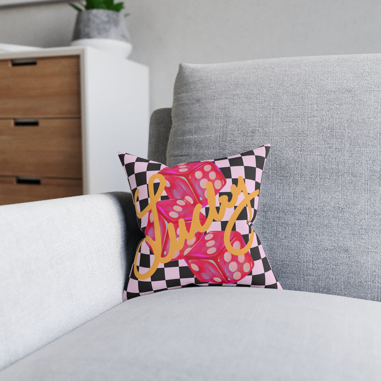 Lucky Roll Square Throw Pillow | Pink Suede Back