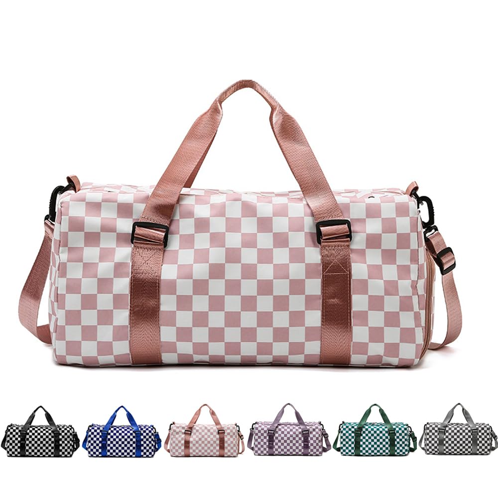 Checkered Gym Bag with Shoes Compartment & Wet Pocket Sports Duffel Bags for Women/Men Dance Bag for Girls Travel Overnight Bag Weekend Bag (pink)