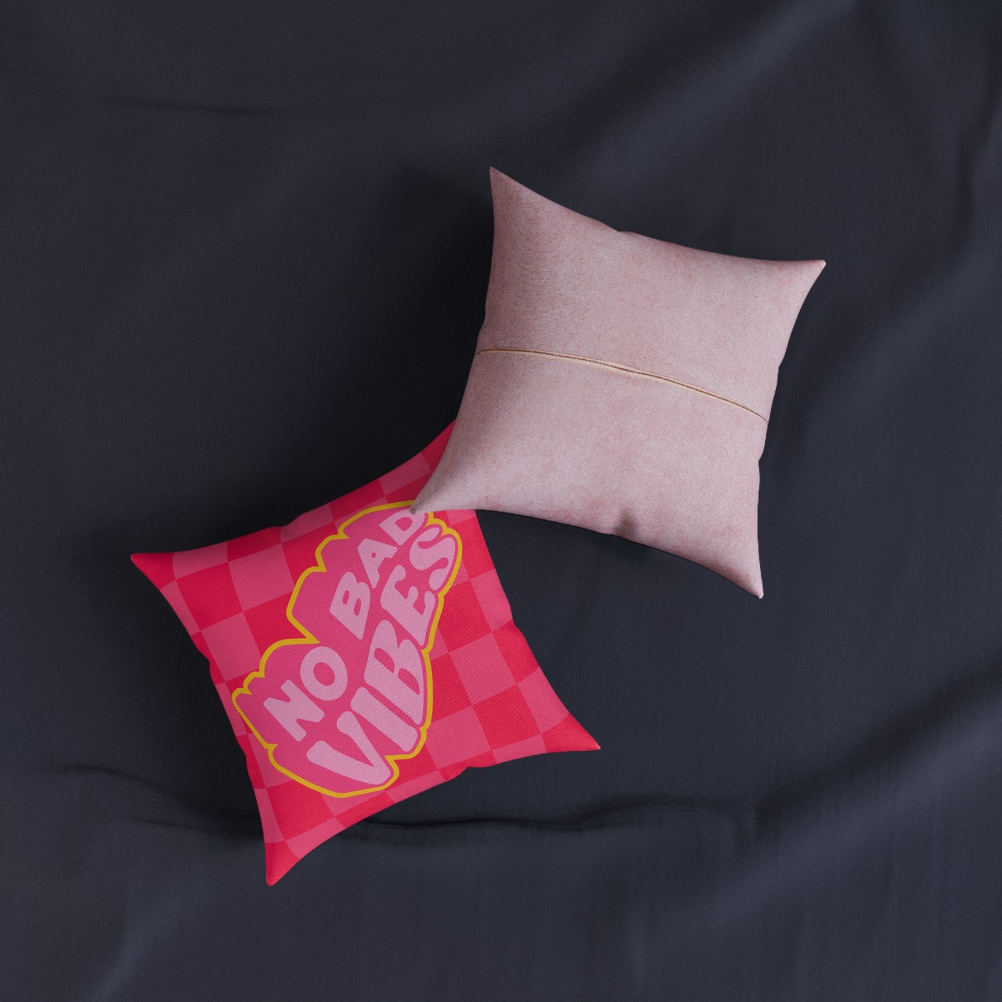 No Bad Vibes Retro Accent Pillow | Hot Pink Checkerboard Pillow | Pink Suede Back