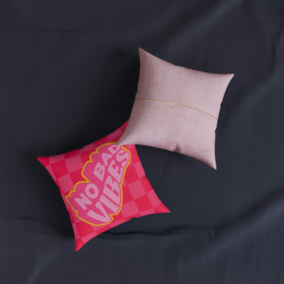 No Bad Vibes Retro Accent Pillow | Hot Pink Checkerboard Pillow | Pink Suede Back