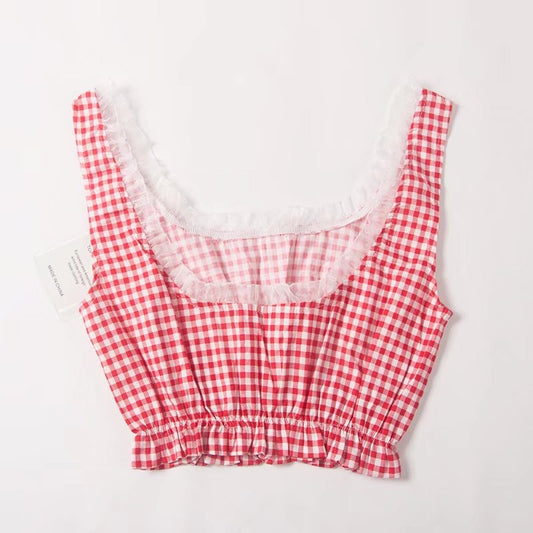 Lace and Checkered Crop Tops with High Waist Design