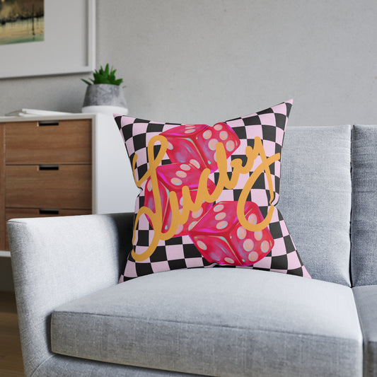 Lucky Roll Square Throw Pillow | Pink Suede Back