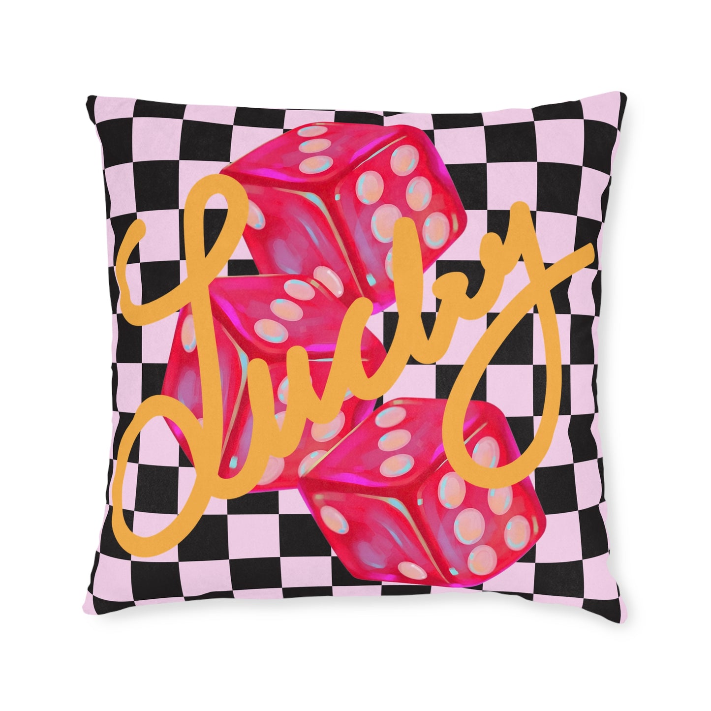 Lucky Roll Square Throw Pillow | Pink Suede Back