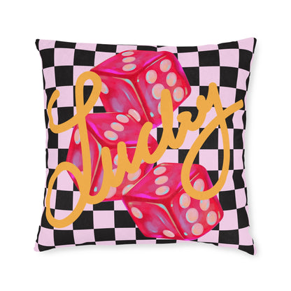 Lucky Roll Square Throw Pillow | Pink Suede Back
