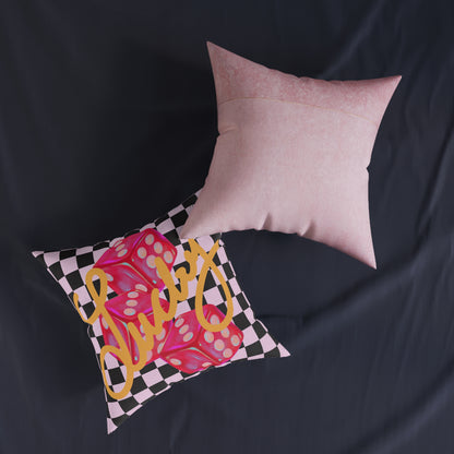 Lucky Roll Square Throw Pillow | Pink Suede Back