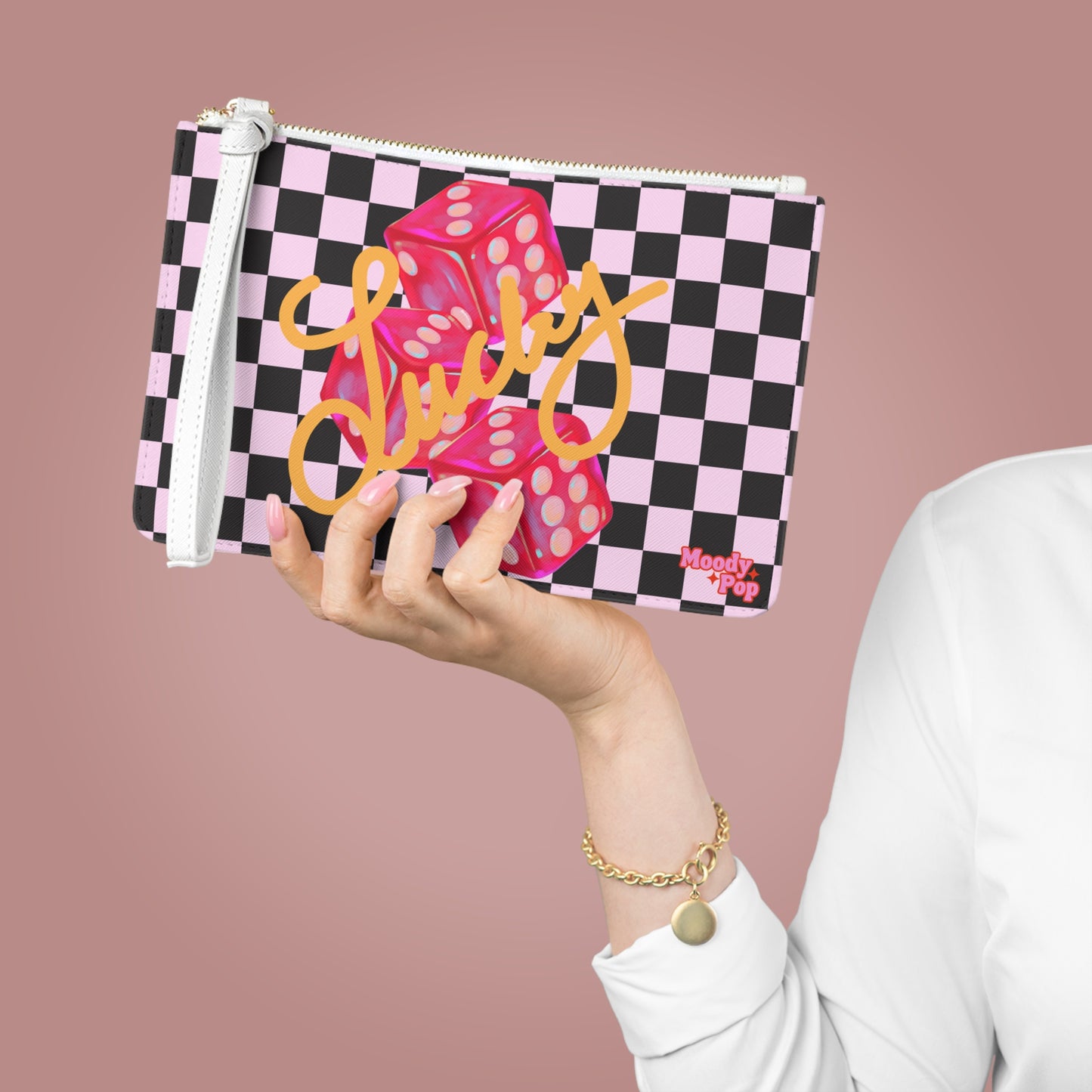 Checkerboard Clutch Bag | Pink & Black Retro Wristlet | W/ Custom Personalization Options