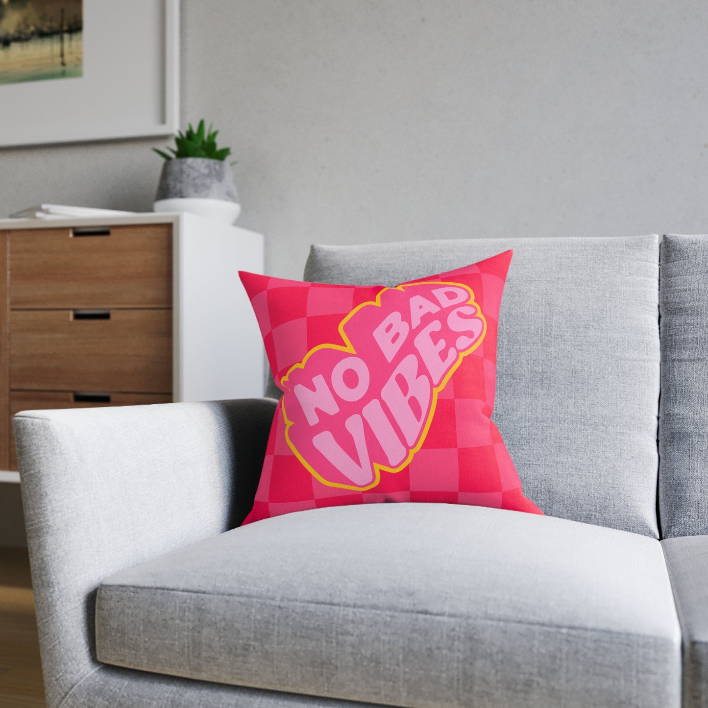 No Bad Vibes Retro Accent Pillow | Hot Pink Checkerboard Pillow | Pink Suede Back
