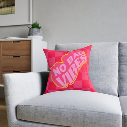 No Bad Vibes Retro Accent Pillow | Hot Pink Checkerboard Pillow | Pink Suede Back
