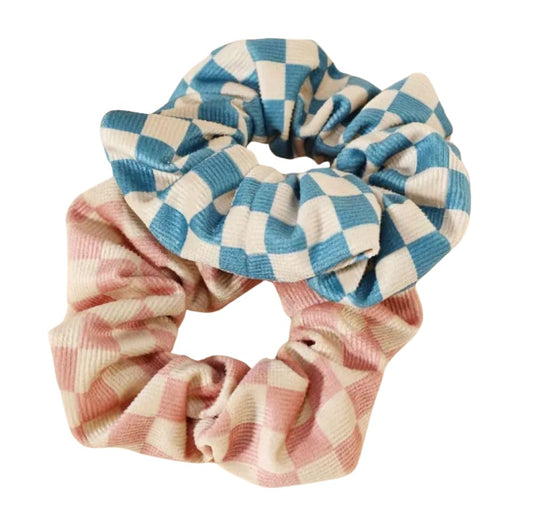 2 Pcs Checkered Plaid Hair Scrunchies Soft Velvet Cotton Elastic Hair Ties For All Hair Types Women Girls Hair Accessories (Pink+Blue)