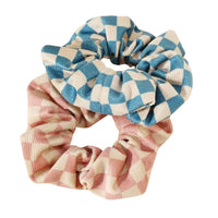 2 Pcs Checkered Plaid Hair Scrunchies Soft Velvet Cotton Elastic Hair Ties For All Hair Types Women Girls Hair Accessories (Pink+Blue)