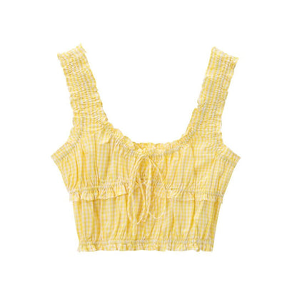 Lace and Checkered Crop Tops with High Waist Design