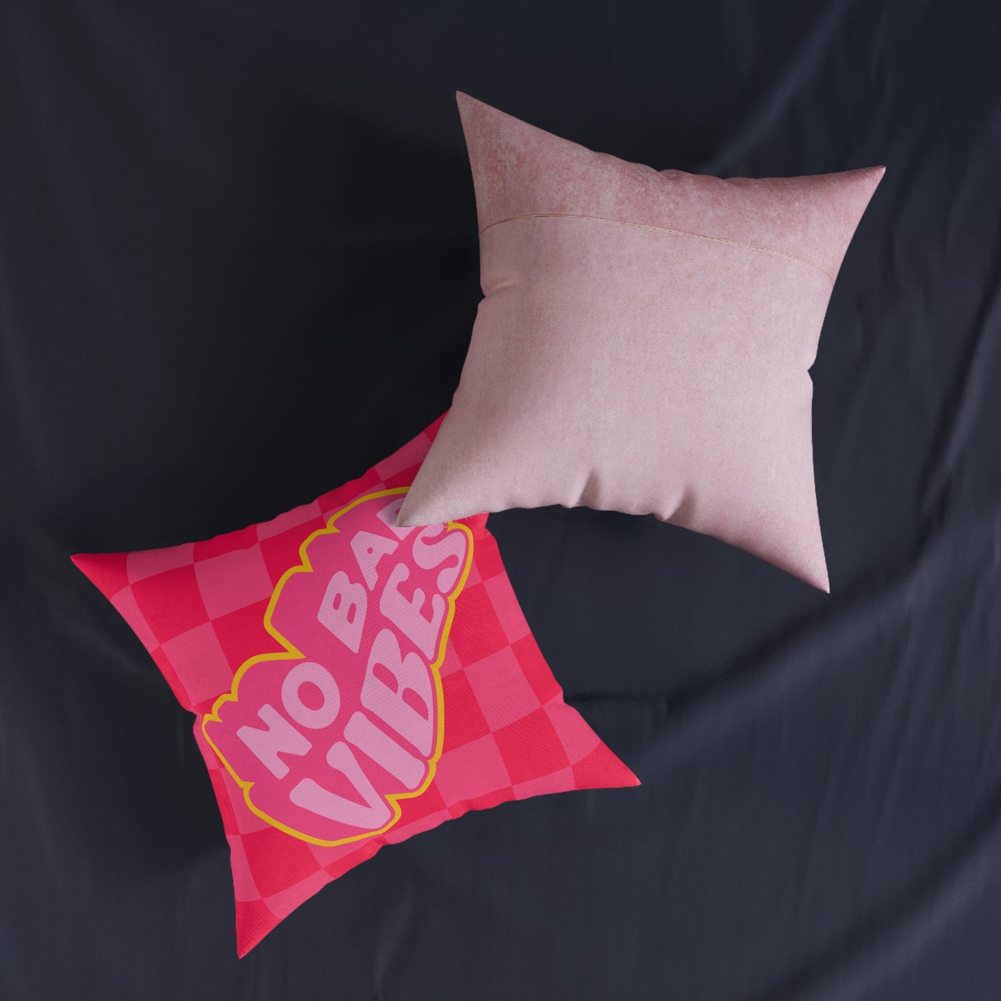 No Bad Vibes Retro Accent Pillow | Hot Pink Checkerboard Pillow | Pink Suede Back
