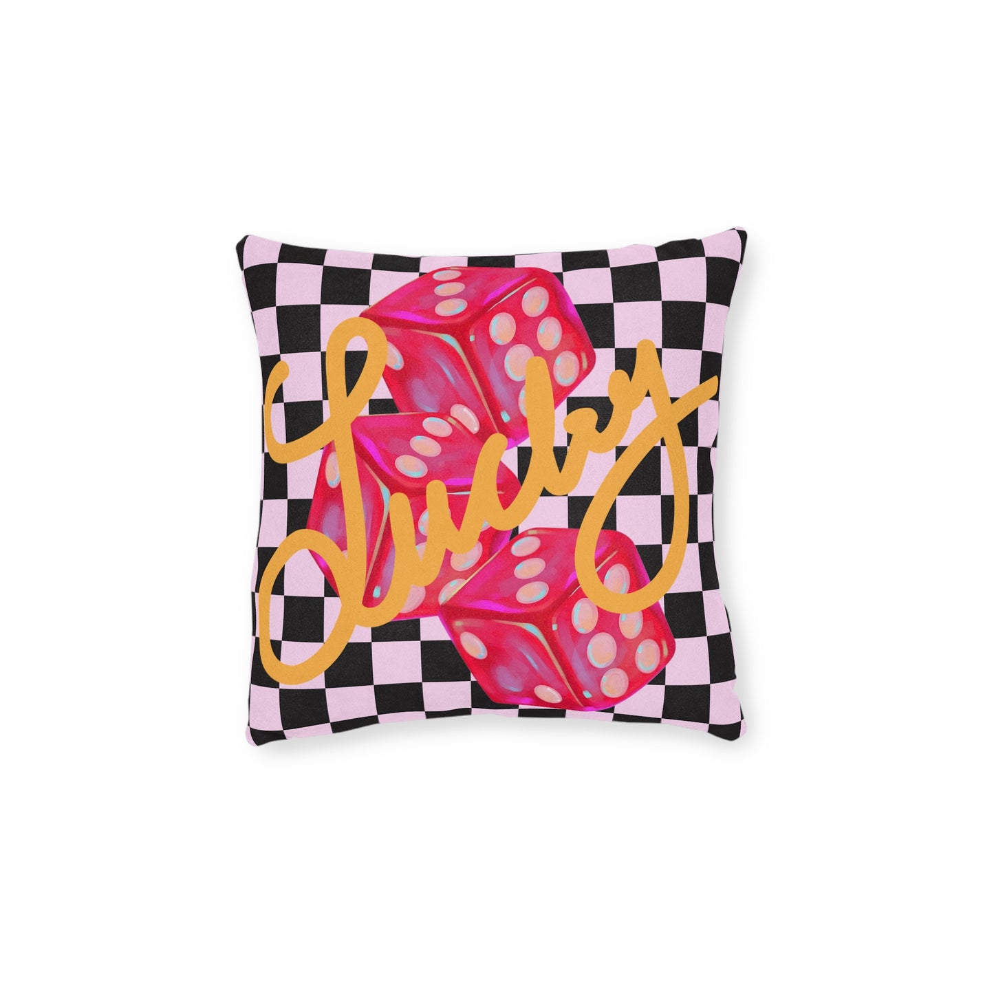 Lucky Roll Square Throw Pillow | Pink Suede Back