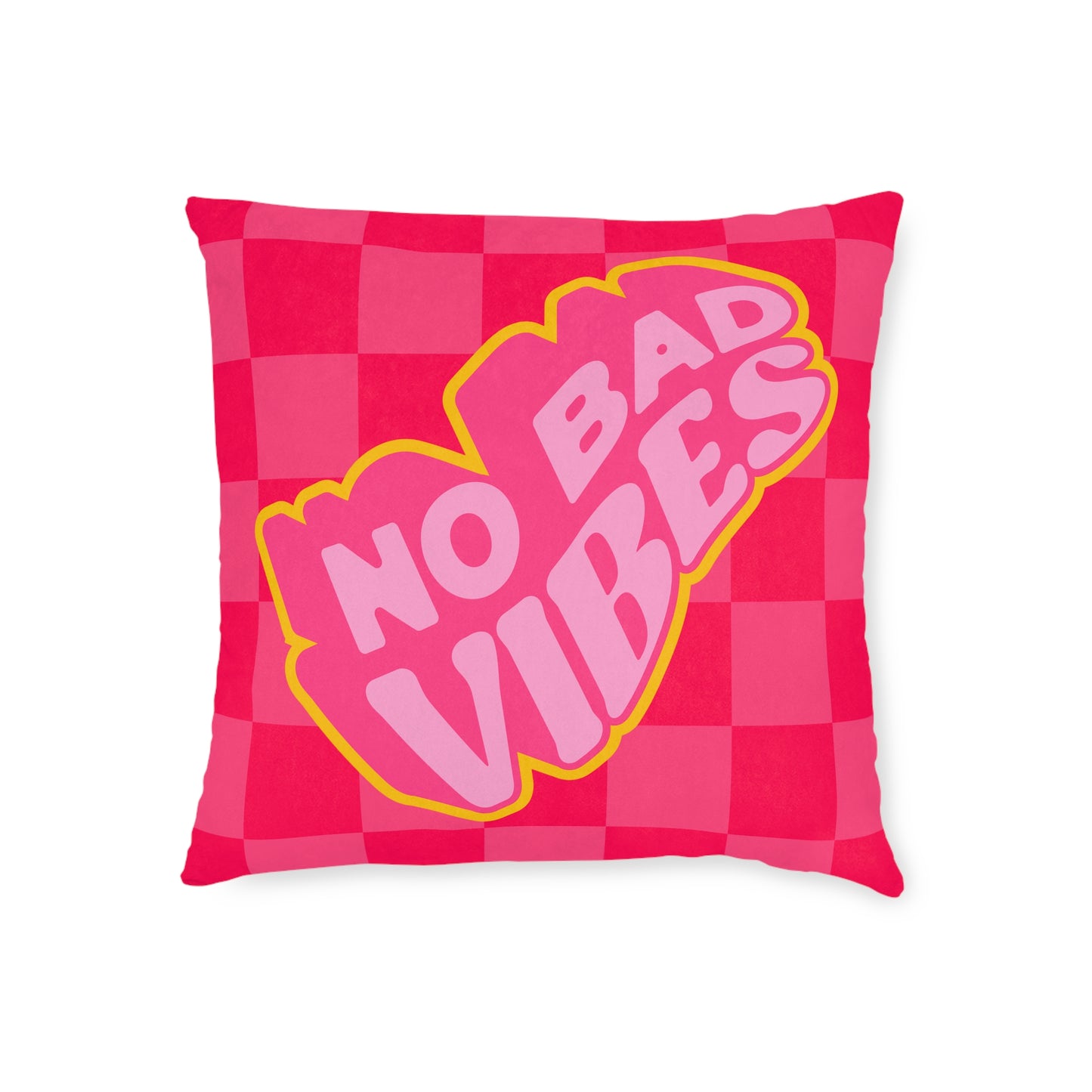 No Bad Vibes Retro Accent Pillow | Hot Pink Checkerboard Pillow | Pink Suede Back