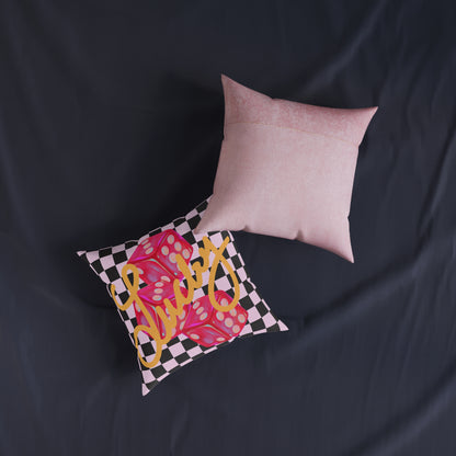 Lucky Roll Square Throw Pillow | Pink Suede Back