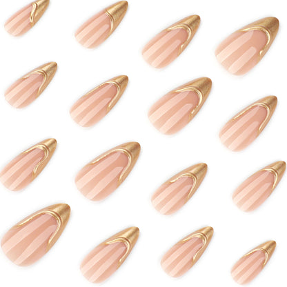 French gold press-on nails 3d almond shaped manicure