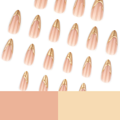 French gold press-on nails 3d almond shaped manicure