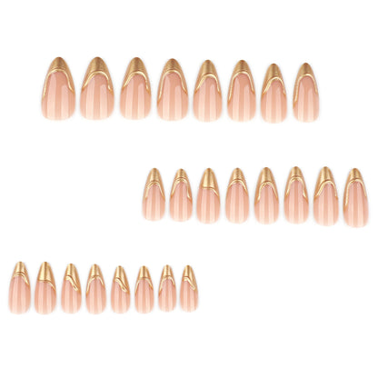French gold press-on nails 3d almond shaped manicure