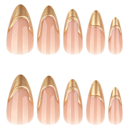 French gold press-on nails 3d almond shaped manicure