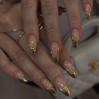 French gold press-on nails 3d almond shaped manicure