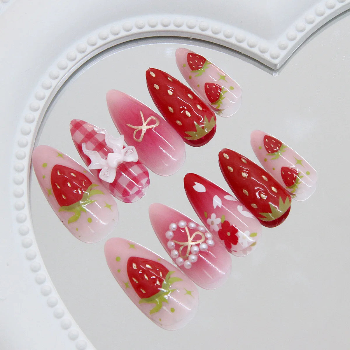 24pcs Ins 3D Bowknots Press On Nails Sweet Strawberry Pink Plaid Almond False Nails With Heart Shape Pearl Decor Fake Nail Tips