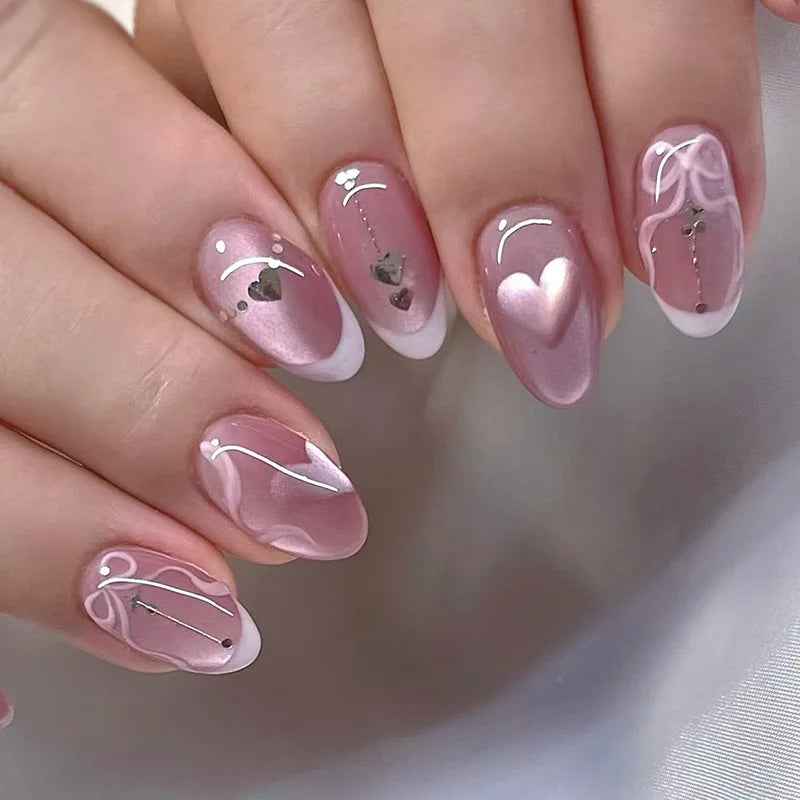 24Pcs Blue Almond Press on Nails with 3D Pearl Design Mid-length Oval False Nails Tips Bow Pattern Wearable Fake Nail for Women