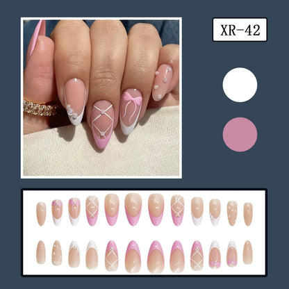 24pcs Pink Leopard Print Fake Nail Tips y2k Spicy Girls French Almond Press on Nail Wearable Detachable Sweet Korean False Nails