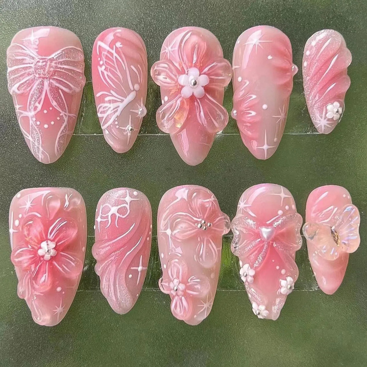 24pcs Fresh Fruit Style Press On Nails Sweet Pink Strawberry Cherry Grape Orange Decors False Nails Ins Korean Almond Fake Nail