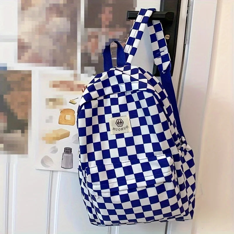 Leisure Backpack, Korean Version, Checkered Contrasting Color Design, Everyday Same-Style Backpack, Casual Simple Backpack for Middle and High School Students