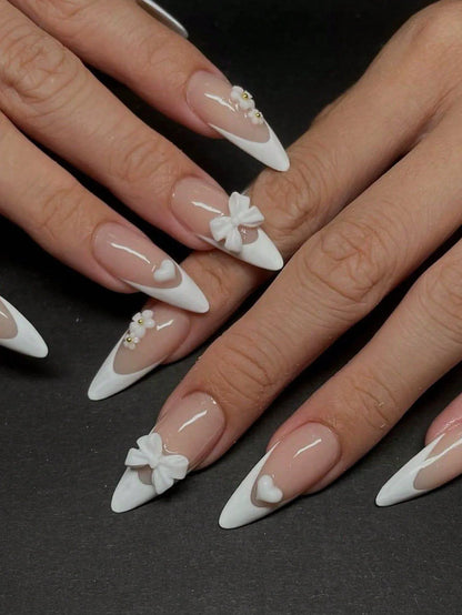 24PCS- Coffin nail plate, 3D 3D pink bow, pink flower pattern decoration, rhinestone setting, suitable for fashionable girls
