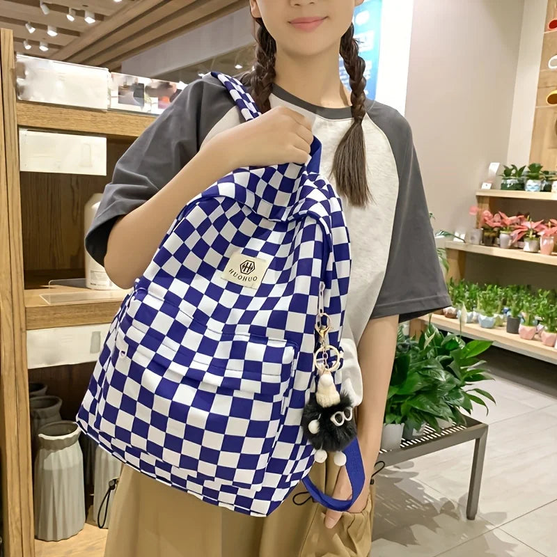 Leisure Backpack, Korean Version, Checkered Contrasting Color Design, Everyday Same-Style Backpack, Casual Simple Backpack for Middle and High School Students