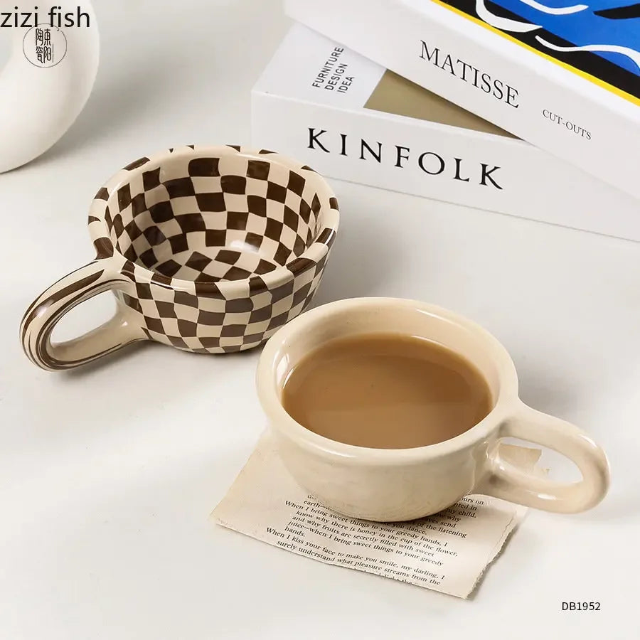 Ceramic Mug Irregular Chessboard Checkered Coffee Mug Milk Mugs Water Cup Drink Cup Juice Cups Household Tea Set Housewear