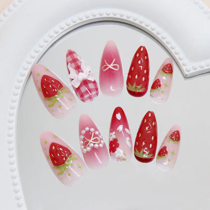24pcs Ins 3D Bowknots Press On Nails Sweet Strawberry Pink Plaid Almond False Nails With Heart Shape Pearl Decor Fake Nail Tips