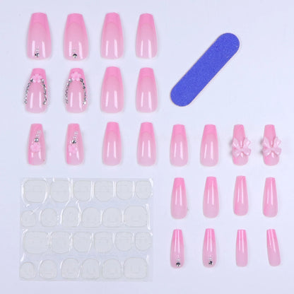 24PCS- Coffin nail plate, 3D 3D pink bow, pink flower pattern decoration, rhinestone setting, suitable for fashionable girls