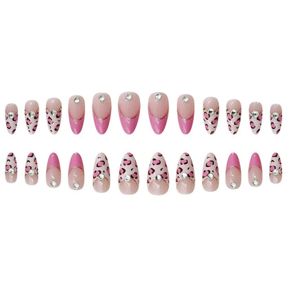 24pcs Pink Leopard Print Fake Nail Tips y2k Spicy Girls French Almond Press on Nail Wearable Detachable Sweet Korean False Nails